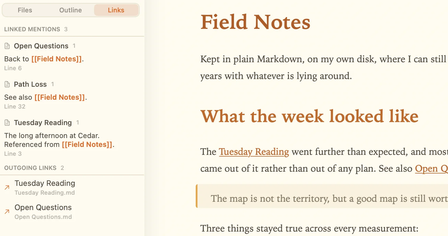 A sidebar panel headed Linked mentions listing three notes that
               link to the open document, each with the line it appears on and
               the sentence around the link, and below it the outgoing links.