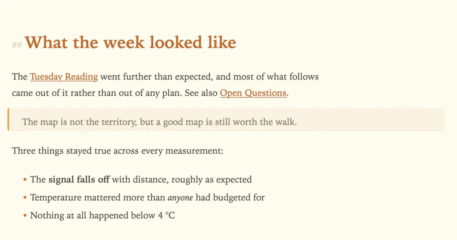 A heading with a faint ## in front of it because the cursor is on
               that line, above a paragraph whose wiki links are underlined, a
               block quote, and bullets with bold and italic text.