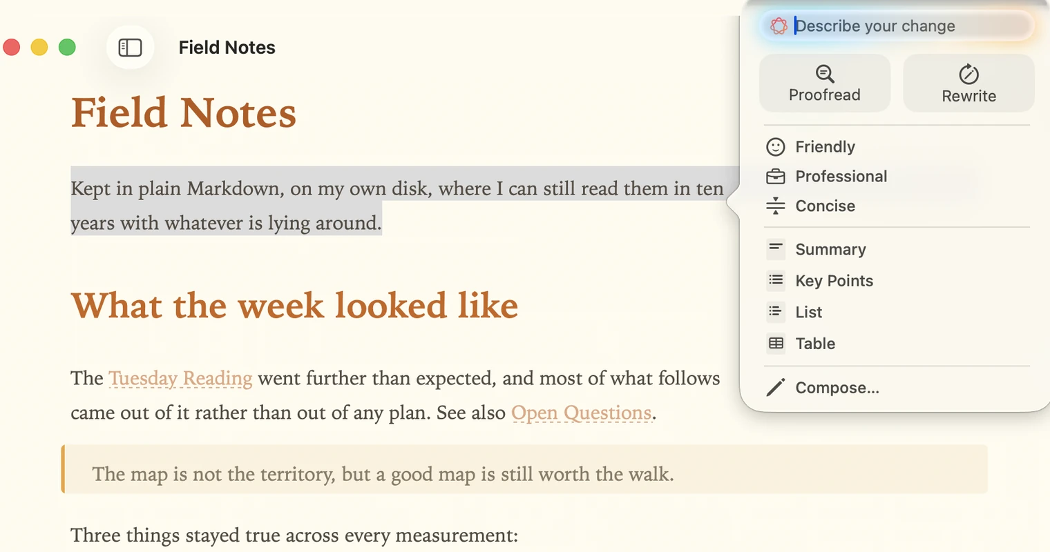 macOS Writing Tools open over the document, offering Proofread,
               Rewrite, three tones and the summary formats, with the selected
               paragraph highlighted behind it.